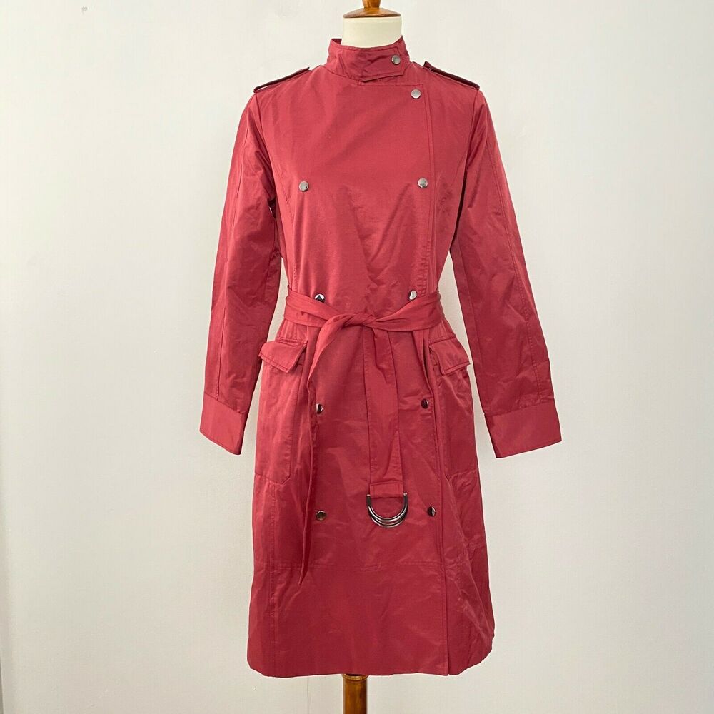Halogen Womens Patch Pocket Trench Coat Belted Long Sleeve Red S Small - Picture 2 of 8